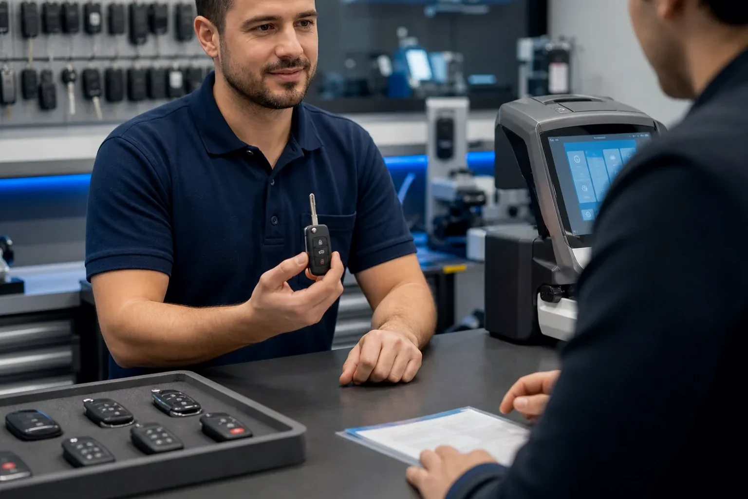 Chaveiro confeccionando uma chave codificada em um ambiente de trabalho em Breves.