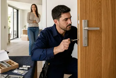 Chaveiro instalando uma nova fechadura em uma porta em Breves.