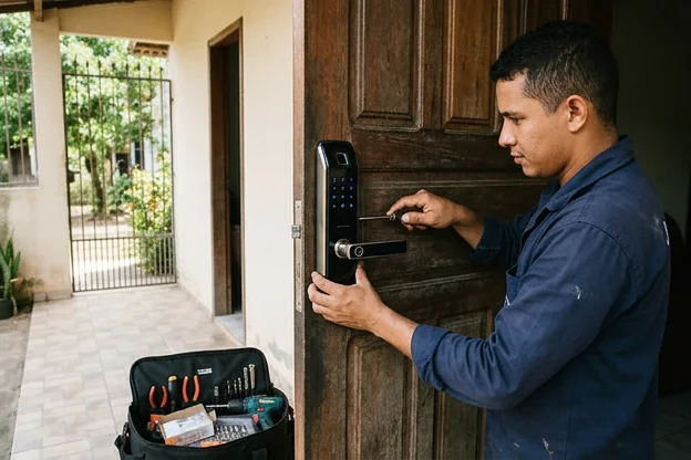 Fechadura digital instalada em uma porta em ambiente seguro de Breves.